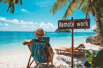 Remote work concept image with a man working from the beach on his laptop computer and sign with written words remote work - obrazy, fototapety, plakaty