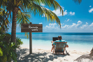 Remote work concept image with a man working from the beach on his laptop computer and sign with written words remote work