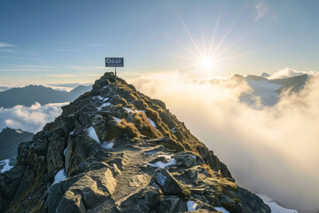 Goal concept image with goal board sign with written word at top of a mountain summit - Powered by Adobe