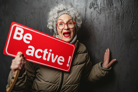 Be active concept image with an old elder active woman and board sign with written words Be active to encourage elderly people to move and do sports and activities