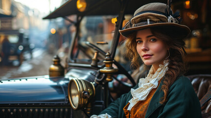 Steampunk vintage car being driven by a steampunk woman dressed in steampunk attire costume - obrazy, fototapety, plakaty