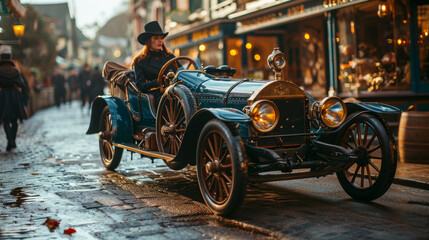 Steampunk vintage car being driven by a steampunk woman dressed in steampunk attire costume