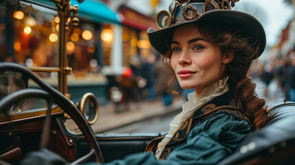 Steampunk vintage car being driven by a steampunk woman dressed in steampunk attire costume