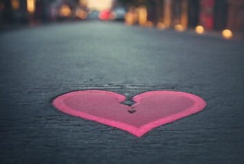 broken heart chalk drawing on the road