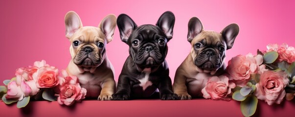Three cute little dogs in spring flowers. Couple of two puppies in love on valentines day. Greeting card template or banner for wedding, mother or woman day - obrazy, fototapety, plakaty