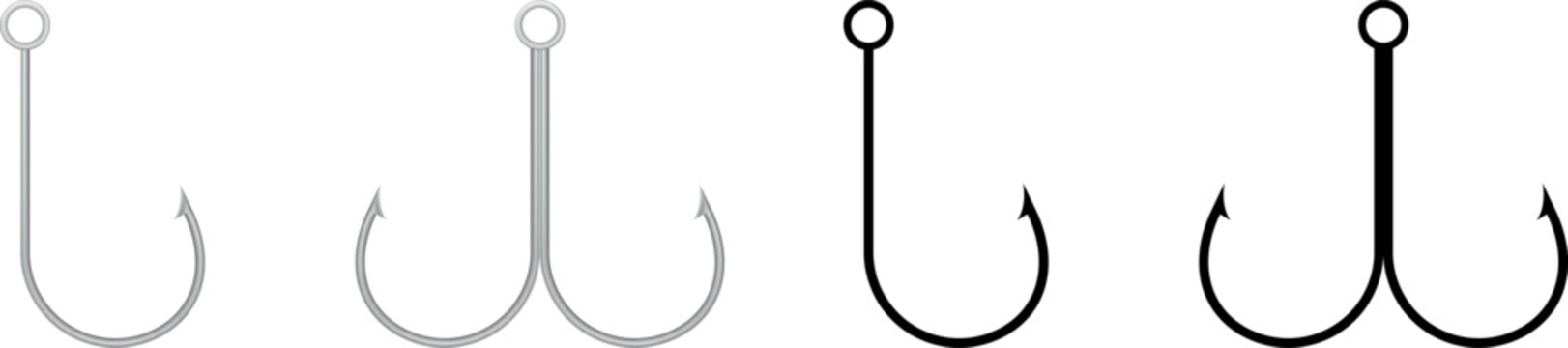 Fishing hook 3d metallic and black silhouette fishhook icon vector
