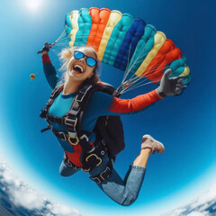 positive happy girl small parachutist in free fall blue sky. ai generative - obrazy, fototapety, plakaty