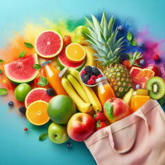 Vibrant banner with tropical fruit and juices spilling from a reusable bag in a healthy diet concept. ai generative