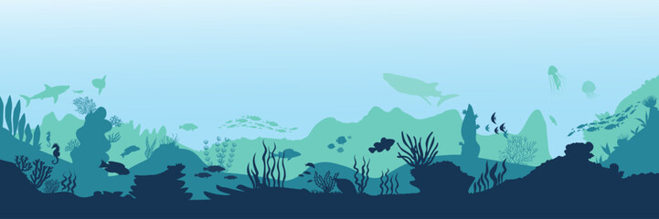 Underwater landscape with algae and fish silhouettes. Vector illustration - obrazy, fototapety, plakaty