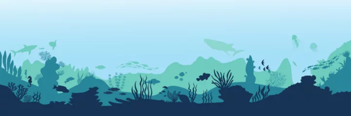 Poster Underwater landscape with algae and fish silhouettes. Vector illustration © Евгений Горячев