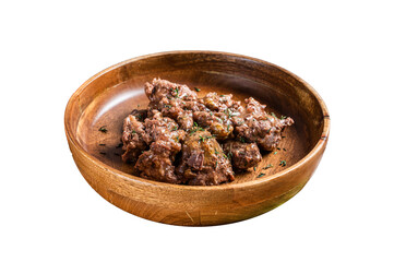 Stewed beef meat in a wooden plate.  Transparent background. Isolated.