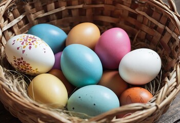 Obraz na płótnie Canvas Painting easter eggs on wicker basket