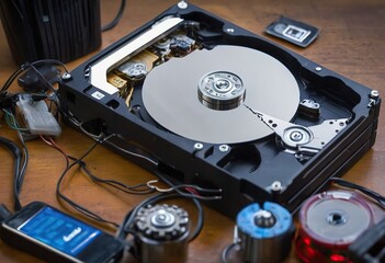 The abstract image of inside of hard disk drive on the technician's desk and a computer motherboard as a component. the concept of data, hardware, and information technology.