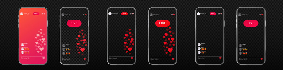Online live video broadcast with heart like interface. Live mobile stream - obrazy, fototapety, plakaty