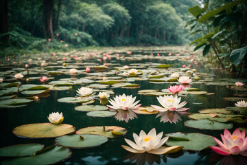 Beautiful landscape with a quiet lake backwater with lilies and water lilies, generated by AI