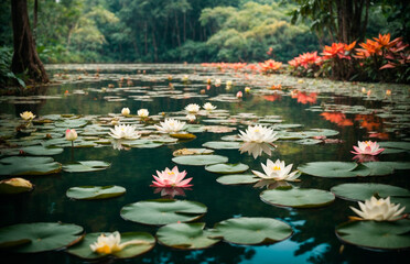 Beautiful landscape with a quiet river backwater with water lilies, generated by AI