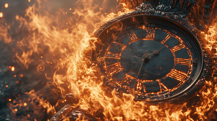 3D illustration of clock on fire depicting time running out, wasting time concept, clock face with flames