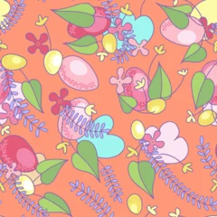 Poster Seamless Easter pattern - eggs, flowers and leaves on an orange background. Random repeat, seasonal printing © Marina