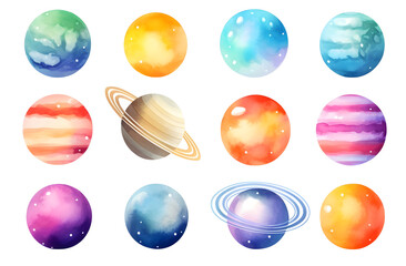 Hand drawn colorful watercolor space set of planet