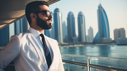 Arab businessman in Dubai, one color background, copy space with generative ai