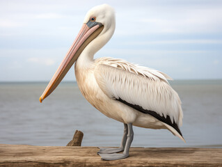 Fototapeta na wymiar Pelican standing on a rock beside the sea