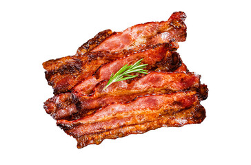 Roasted pork Bacon sizzling slices on wooden board.  Transparent background. Isolated.