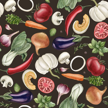 Watercolor seamless pattern with colorful vegetables on dark background. For use in design, fabric, textile, wrapping