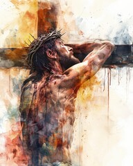 jesus christ, Jesus crucified on the cross, praying for those who crucified him, offering his love and forgiveness until his last breath, watercolor, oil paint, copy space - generative ai