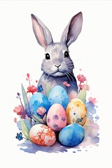Watercolor Bunny with Blue Easter Eggs and Flowers on White Background.