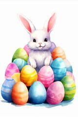 Playful Bunny with Colorful Watercolor Easter Eggs on White Background.