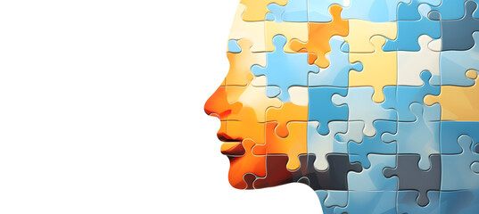 Human face made of colorful puzzle pieces. Knowledge and logic concept. Header with connecting jigsaw puzzle pieces