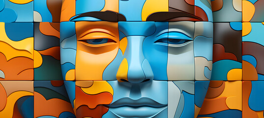 Human face made of colorful puzzle pieces. Knowledge and logic concept. Header with connecting jigsaw puzzle pieces - obrazy, fototapety, plakaty