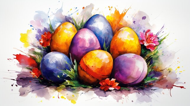 Colorful Watercolor Easter Eggs with Flowers