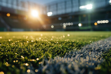 Football stadium arena for match with spotlight. Soccer sport background, green grass field for competition champion match. - obrazy, fototapety, plakaty