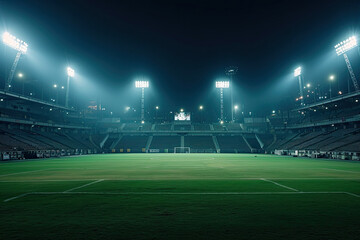 Football stadium arena for match with spotlight. Soccer sport background, green grass field for competition champion match. - obrazy, fototapety, plakaty