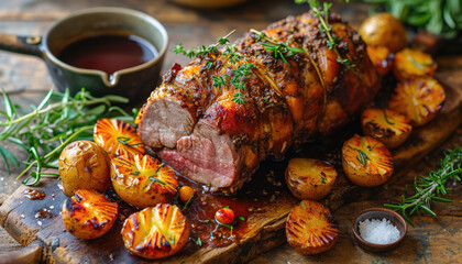 Roasted meat, potatoes with rosemary on wooden board for Easter - obrazy, fototapety, plakaty