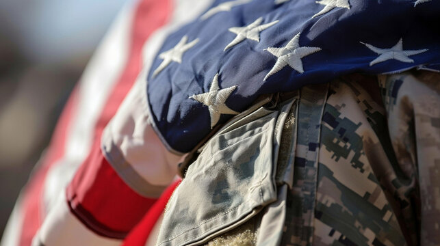 A close-up of the American flag gracefully draped over the shoulders of a military service member, representing dedication and sacrifice
