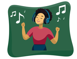 Happy and free black woman listening to music in headphones and dancing Female flat character isolated on white background  Vector illustration.