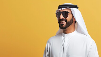 Fototapeta premium Arab businessman in Dubai, one color background, copy space with generative ai
