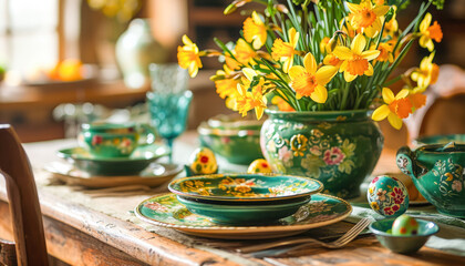 Spring Easter Table Decor with Daffodils and Easter eggs - obrazy, fototapety, plakaty