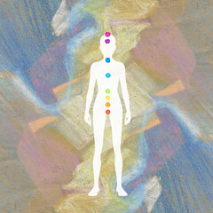 Female body with colored circles of chakras as a symbol of female spiritual and health. Aura - 703454993