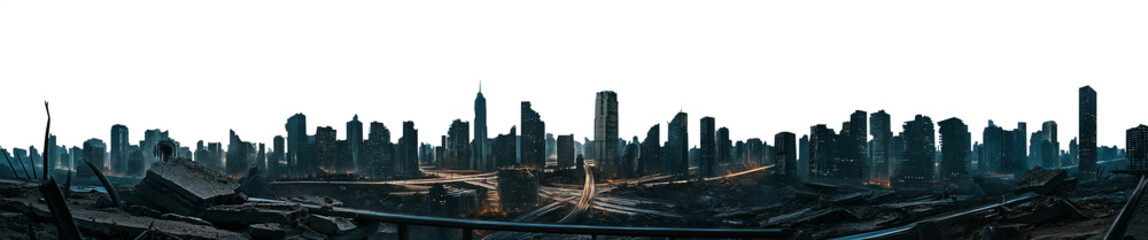 vast post apocalyptic city skyline dusk silhouette - premium pen tool cutout - city with tall buildings and skyscrapers - debris and destruction - wide panoramic angle view - obrazy, fototapety, plakaty