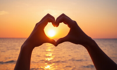 sunset in the heart shaped hands