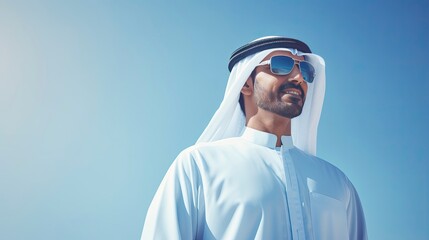 Arab businessman in Dubai, one color background, copy space with generative ai