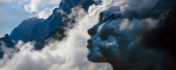 représentation d'Éole, le dieu du vent au milieu des nuages et des montagnes - obrazy, fototapety, plakaty