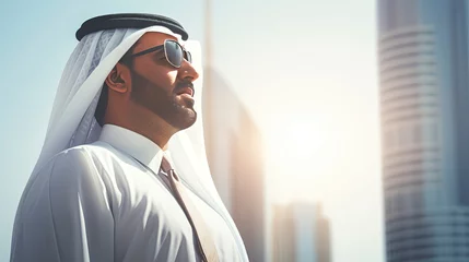 Foto op Canvas Arab businessman in Dubai, one color background, copy space with generative ai © ImronDesign