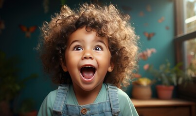 Portrait of a cute little boy with curly hair with a happy face, he laughs, smiles and looks at the...
