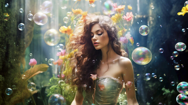 A magical portrait of a beautiful woman surrounded by fantastical iridescent bubbles and elusive flowers in the enchanted forest. 