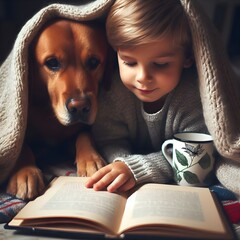 Happy young kid with dog, childhood and pet care concept
 - obrazy, fototapety, plakaty