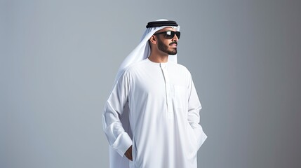 Arab businessman in Dubai, one color background, copy space with generative ai